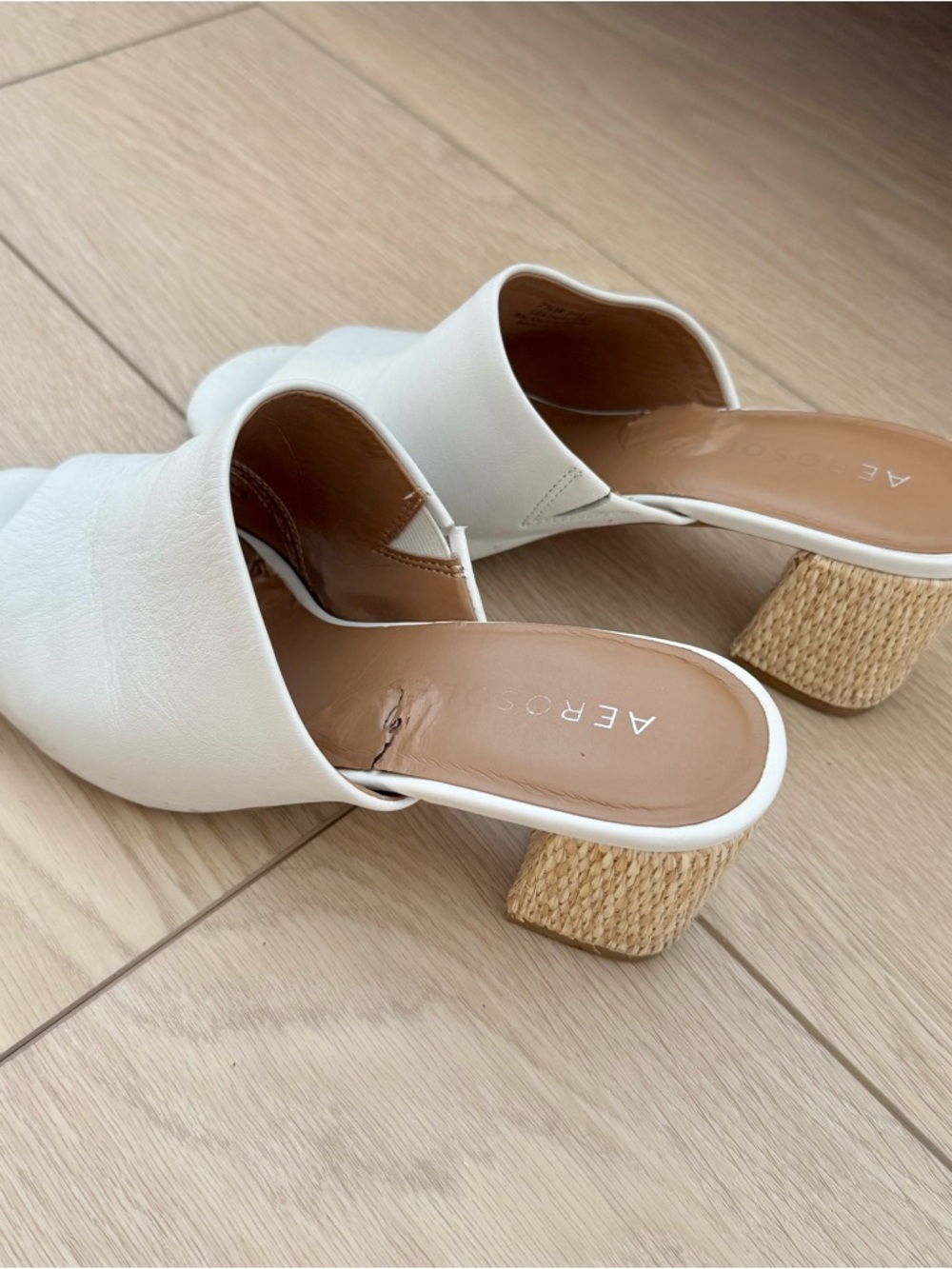 AEROSOLES Off-White Leather Slip-On Mules with Woven Block Heel